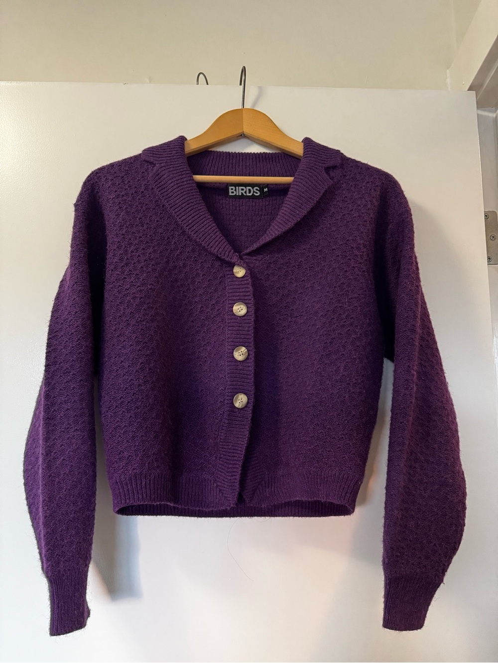 Birds of North America Chat Purple Chunky Knit Collared Cardigan Sweater medium